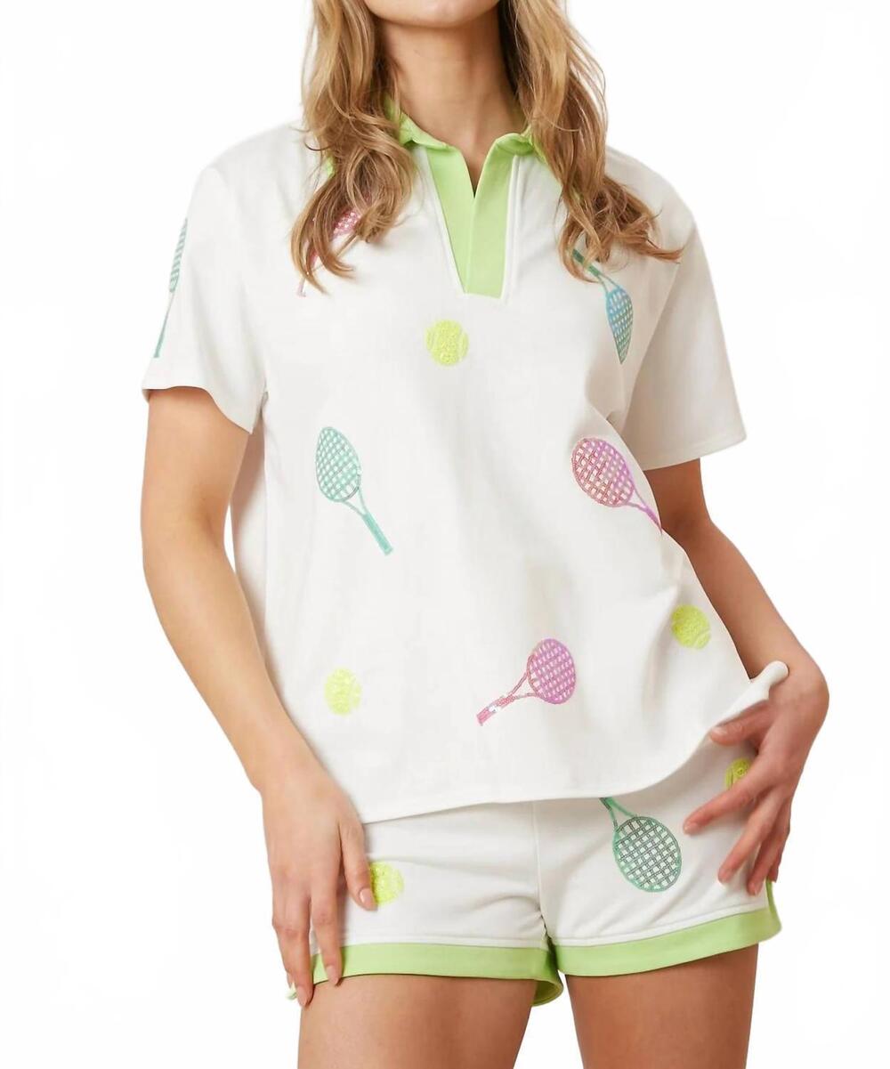 NEW FANTASTIC FAWN tennis sequin short sleeve top in green and white
